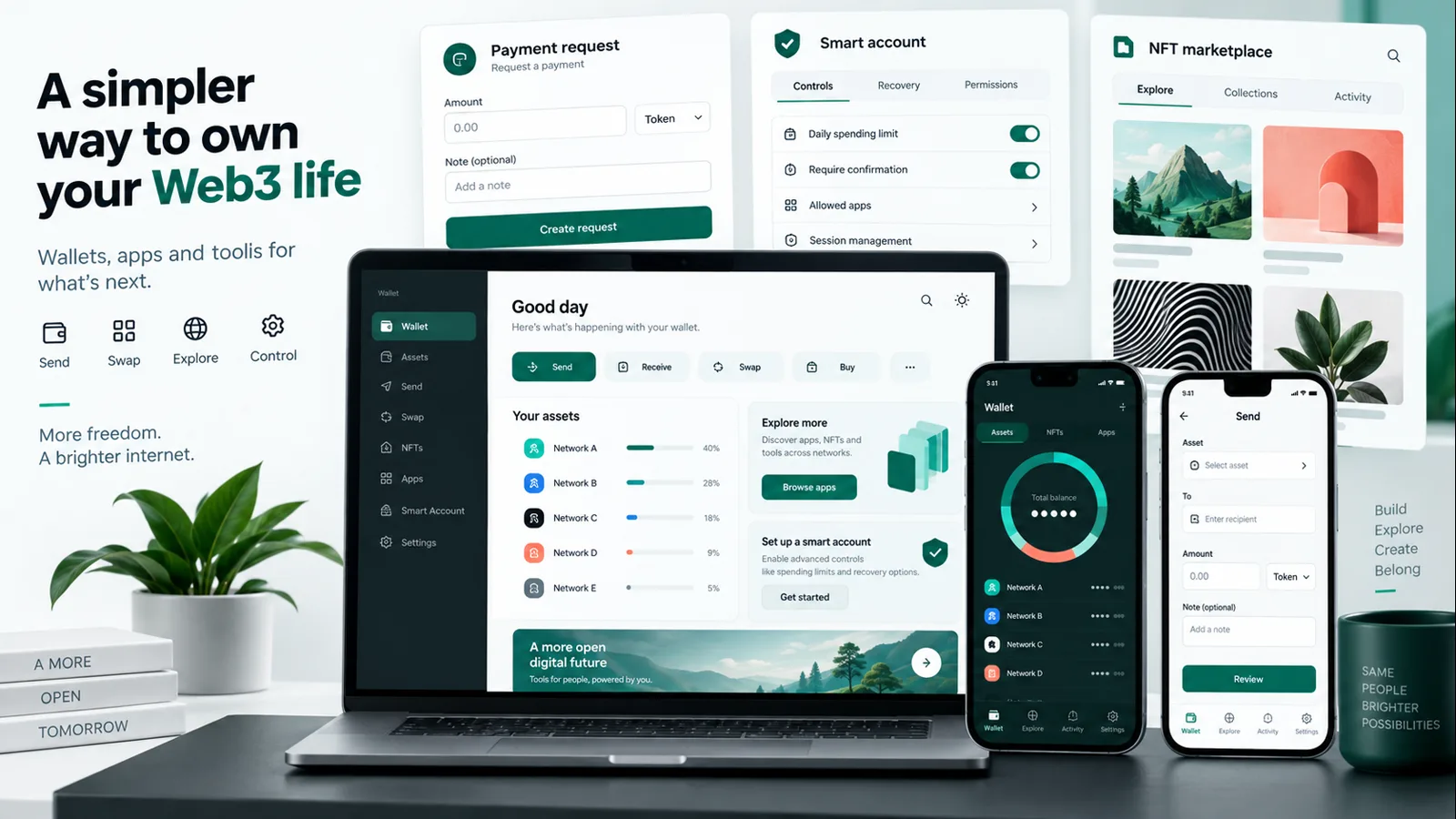 Branded Web Wallet — illustrative product interface: A branded browser wallet experience for the agreed networks and features.